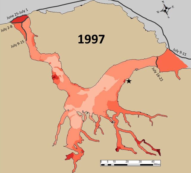Maps of Pond Inlet (Mittimatalik) and the surrounding area showing the average weekly breakup of ice for the years 1997 and 2019. Data show this process has been occurring earlier over the past decade, with break-off at the sinaa, or floe edge, particularly affected. This is consistent with Inuit observations.