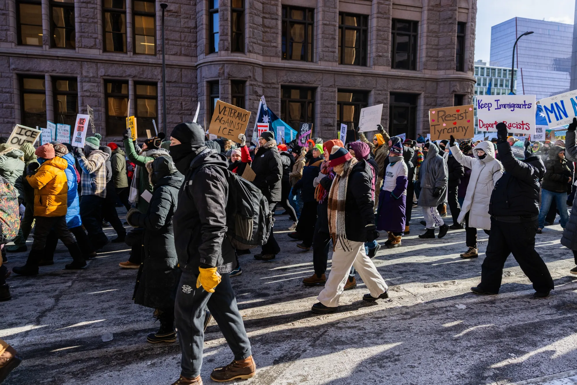 Demonstrators against the ongoing Immigration and Customs Enforcement (ICE) deployment march during a protest in Minneapolis, Minnesota, US.