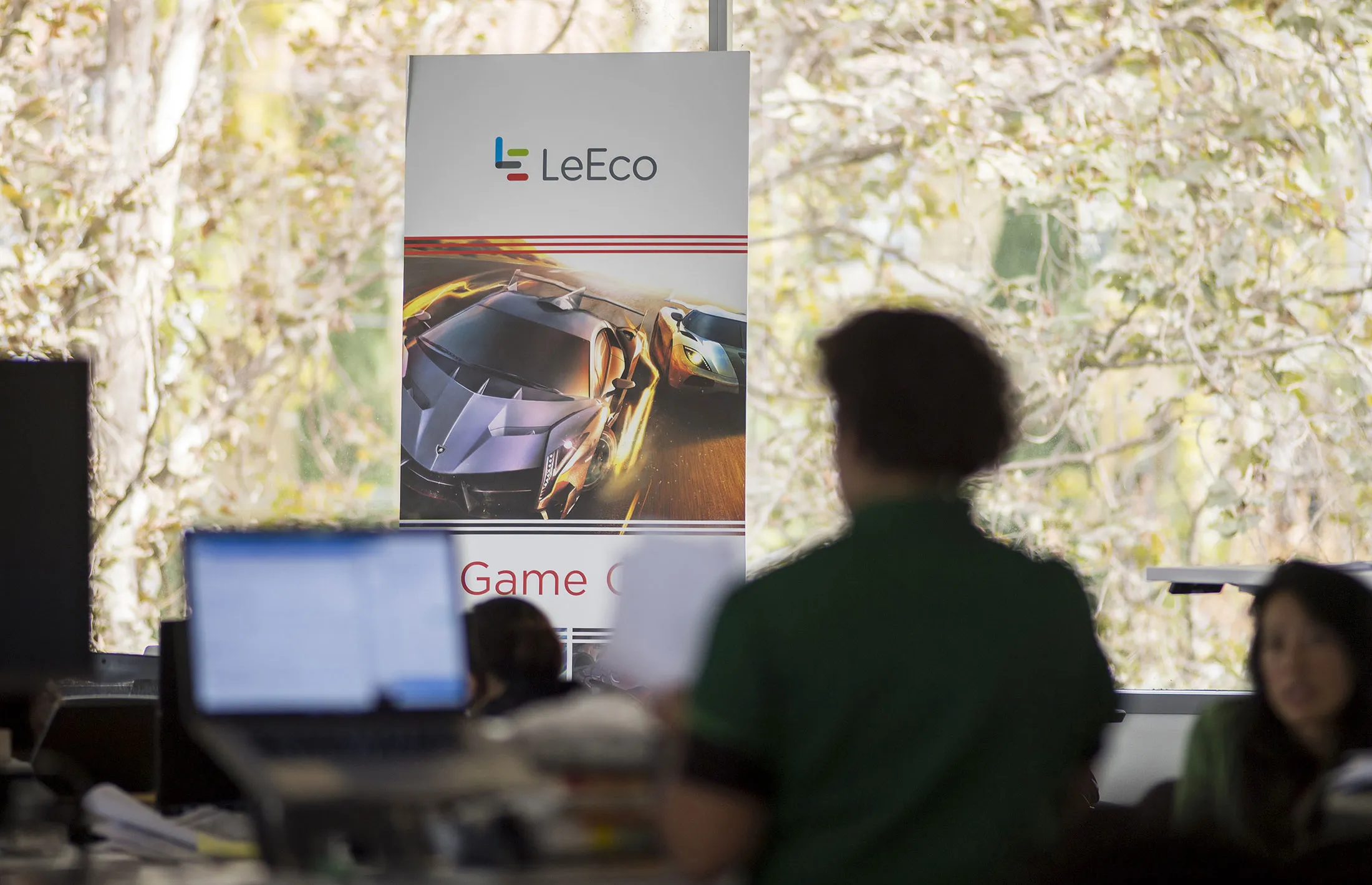 LeEco Global Group signage is displayed as employees work at the company's headquarters in San Jose, California.