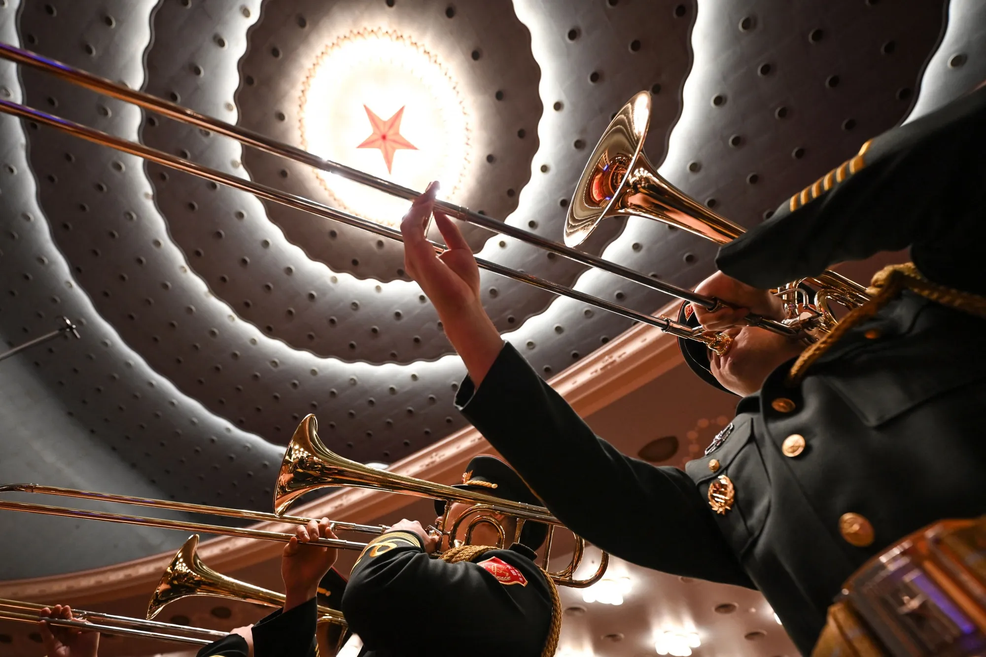 Members of a military band practices ahead of the National People's Congress&nbsp;in Beijing on March 11.