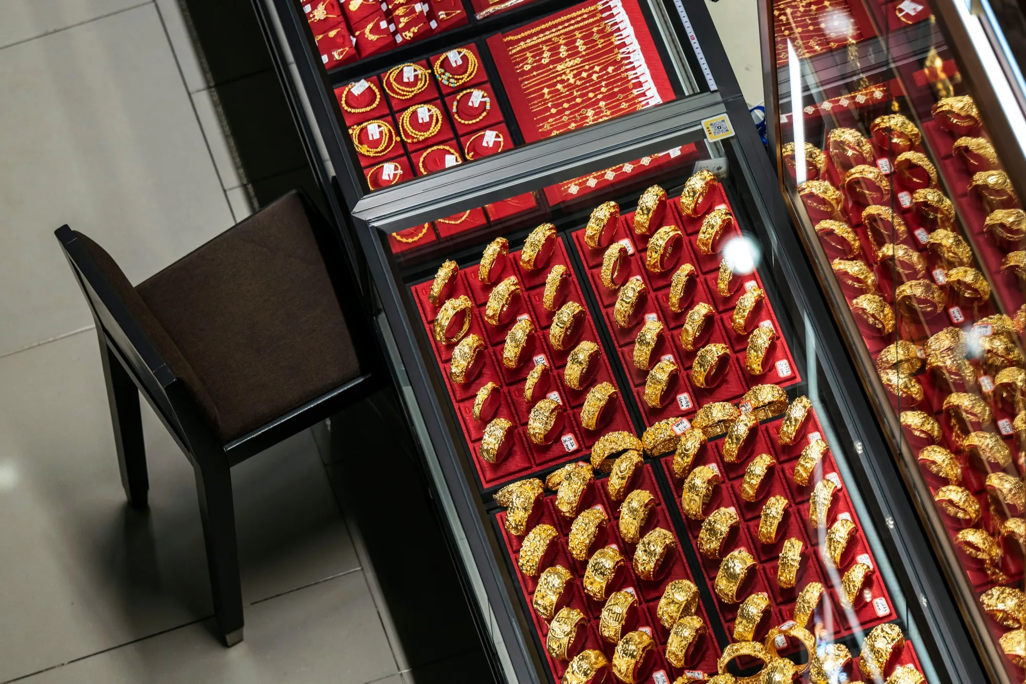 Gold products on display for sale at a trading market near the Shuibei Gold Trading Center in Shenzhen, China.
