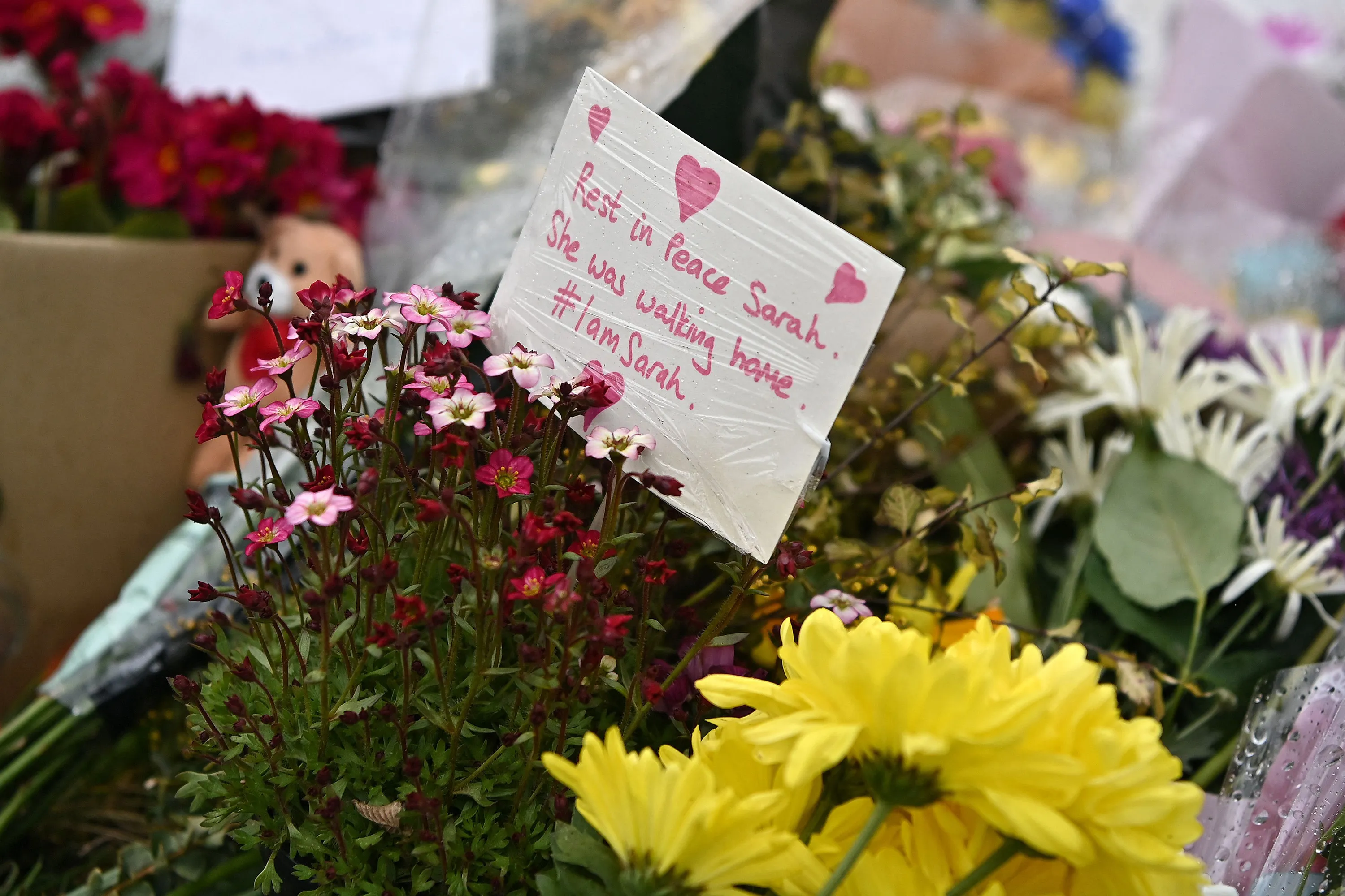Flowers and tributes near the site where Sarah Everard's body was discovered, near Ashford, U.K.