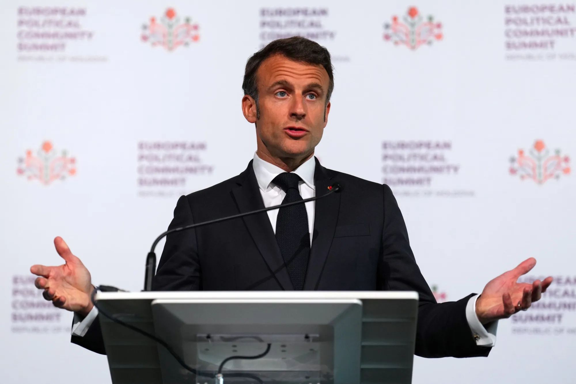 Emmanuel Macron speaks during the European Political Community Summit in Moldova on June 1.