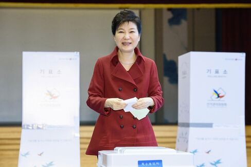 South Korean President Park Geun-Hye casts her vote in Seoul, on April 13.