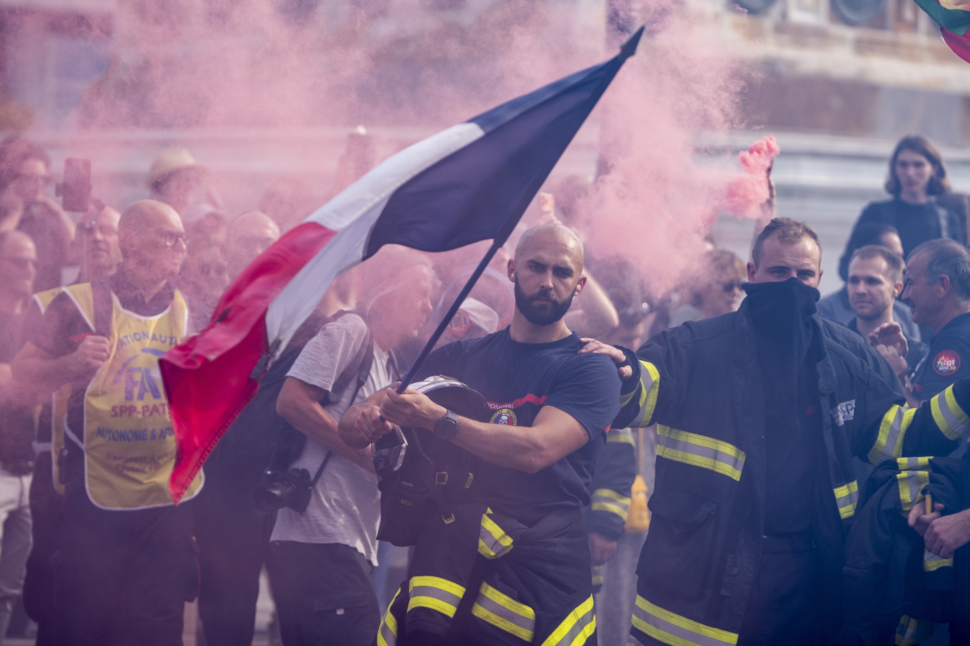 French firefighters protest against the government's budget.