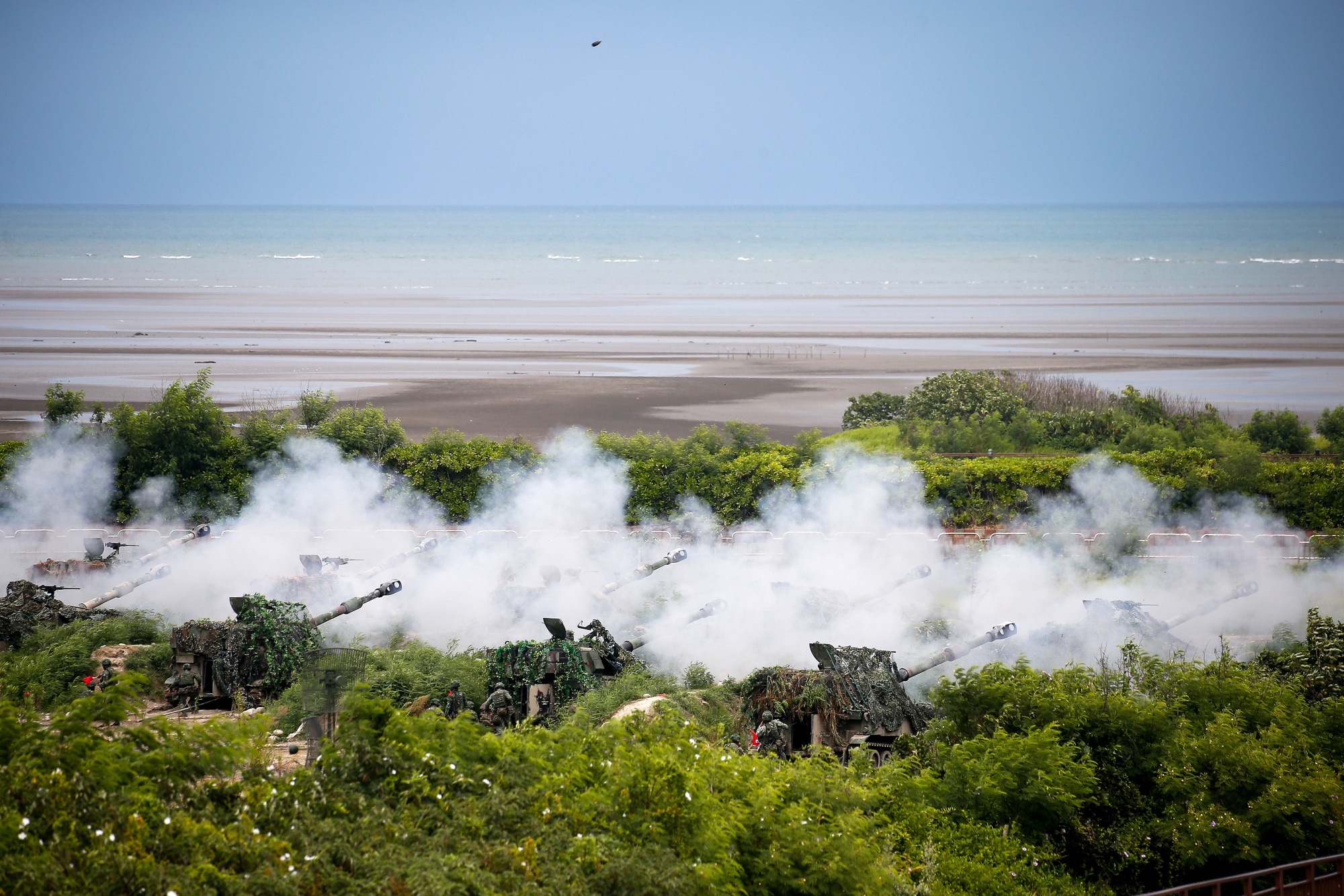 Howitzers fire munitions during an annual Taiwanese military exercise in Taichung, July 2020. The drills are aimed at repelling a Chinese invasion across the Taiwan Strait.&nbsp;