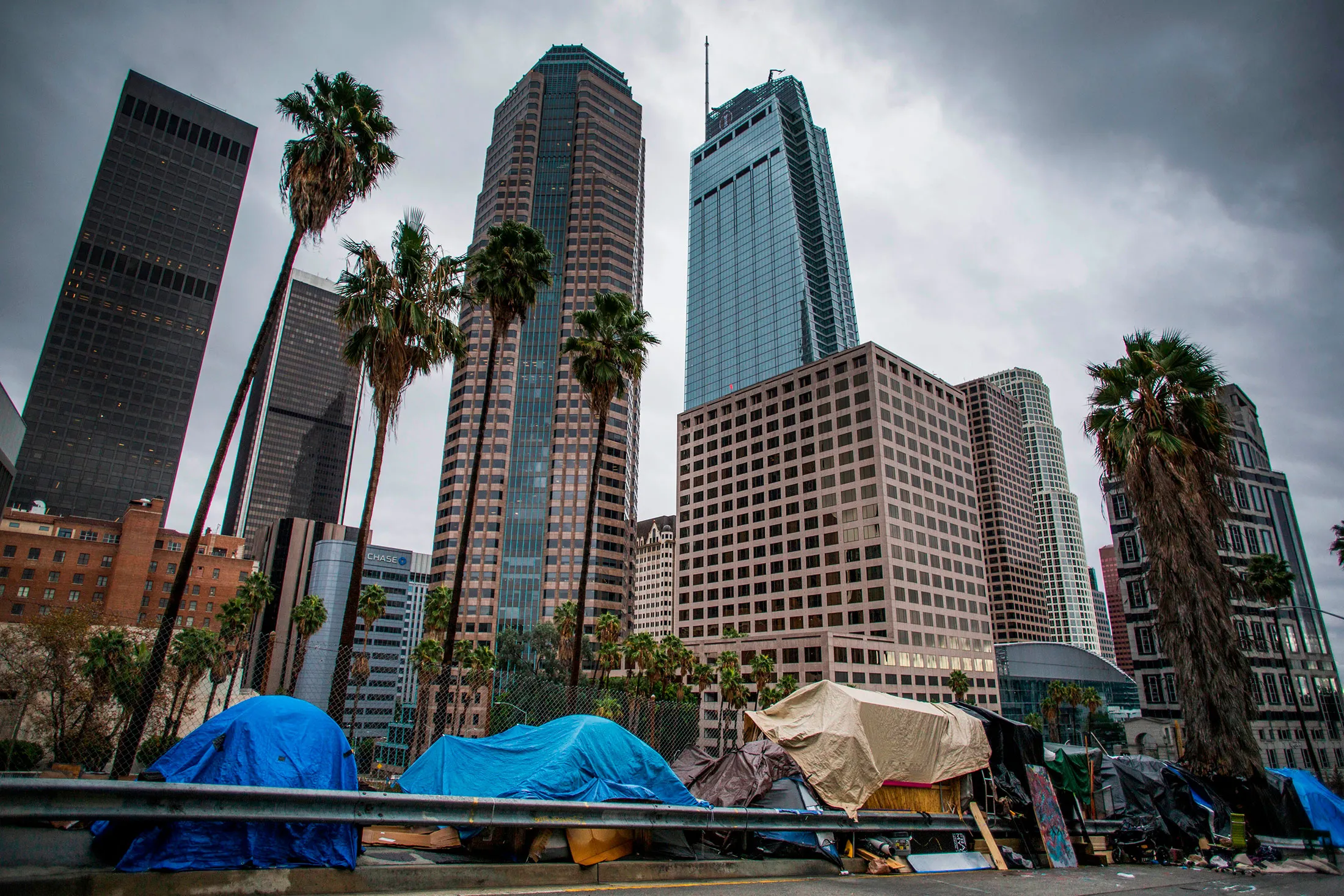 Tents sheltering homeless people line a street in downtown Los Angeles on Nov. 28.