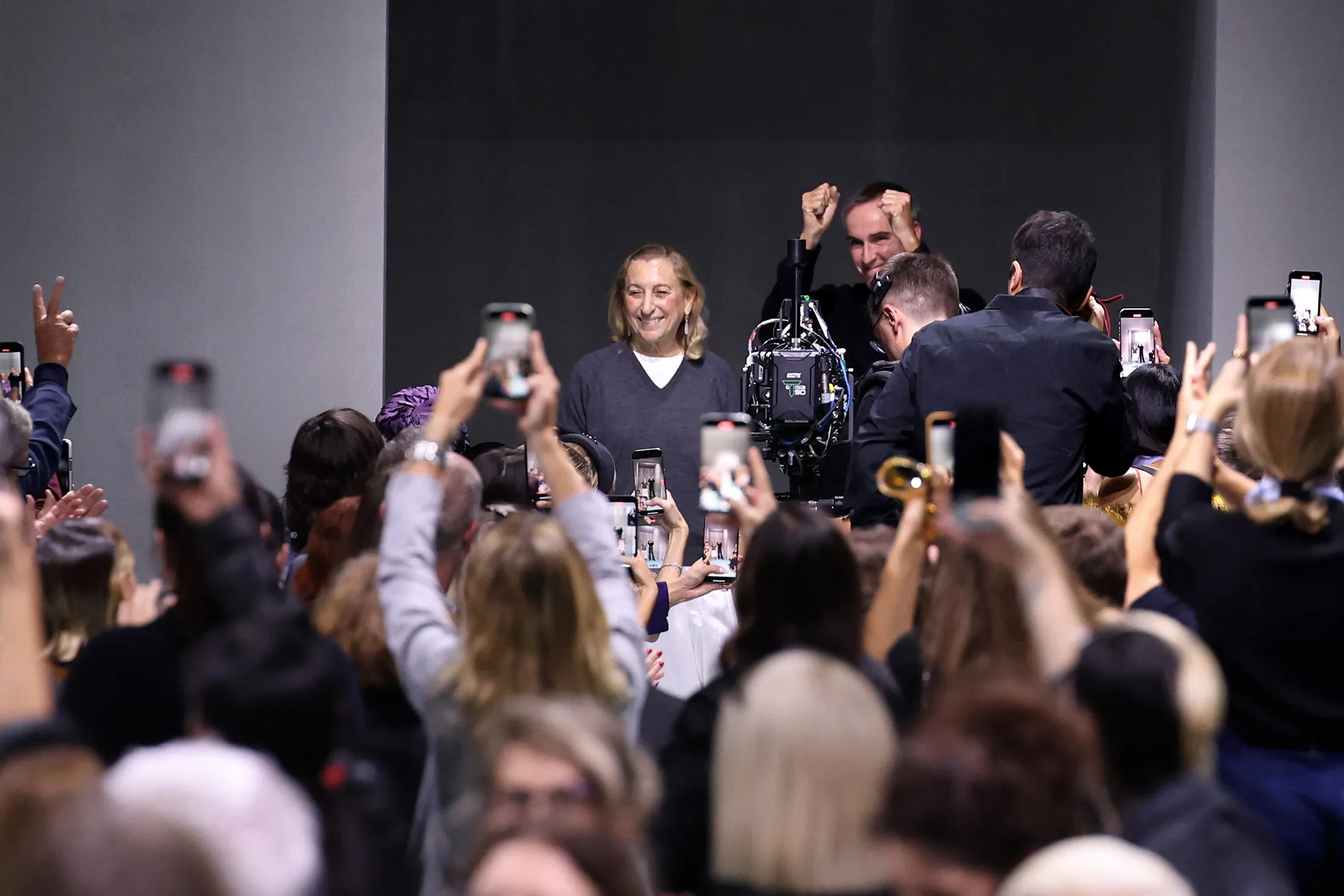 Miuccia Prada and Raf Simons&nbsp;at Prada’s show during Milan Fashion Week Spring/Summer 2025,&nbsp;in September.