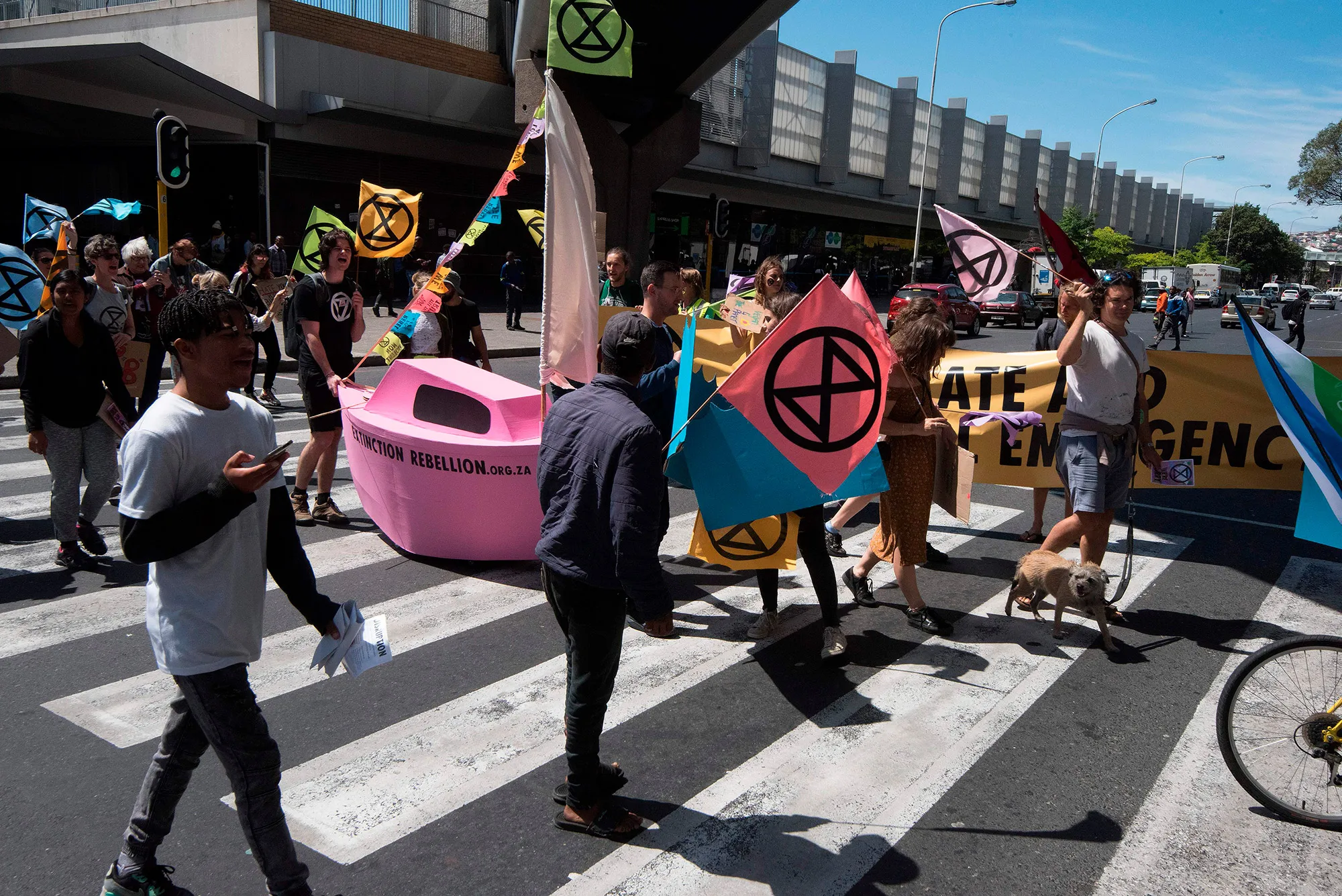 A group of people take part in a Global Extinction Rebellion Spring Tide demonstration&nbsp;in Cape Town.&nbsp;