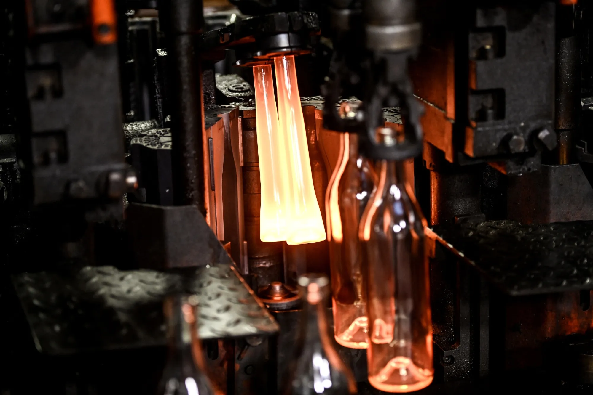 Glass bottle production at a Verallia plant in Chateaubernard, France.