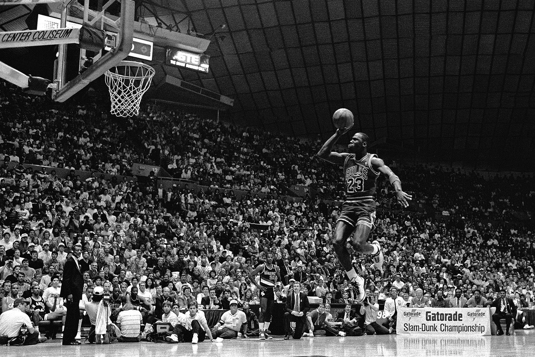 Michael Jordan attempts a dunk during the 1987 Slam Dunk Contest.