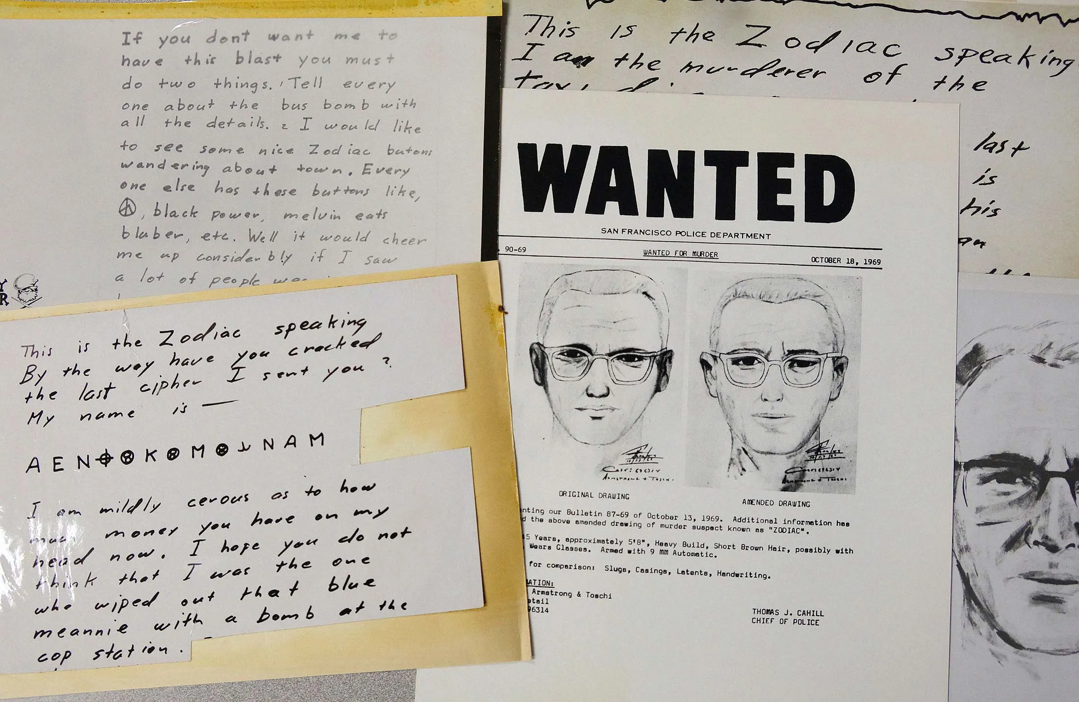 In this May 3, 2018, file photo, a San Francisco Police Department wanted bulletin and copies of coded letters sent to the San Francisco Chronicle by a man who called himself Zodiac are displayed in San Francisco.