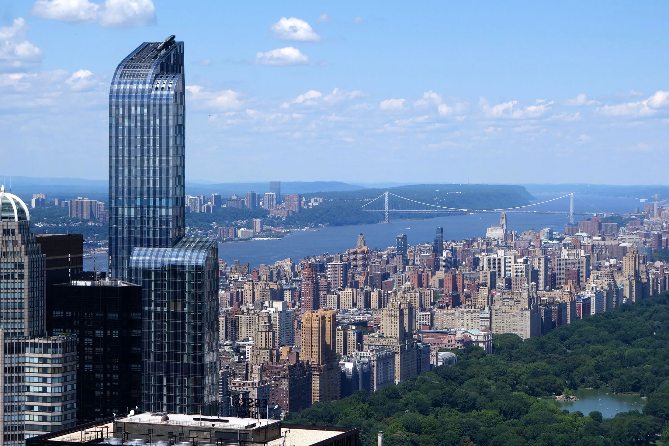 A view of New York's Central Park, taken from the Top of the Rock Observation Deck, showing the One57 building at the left, on July 24, 2015. 
