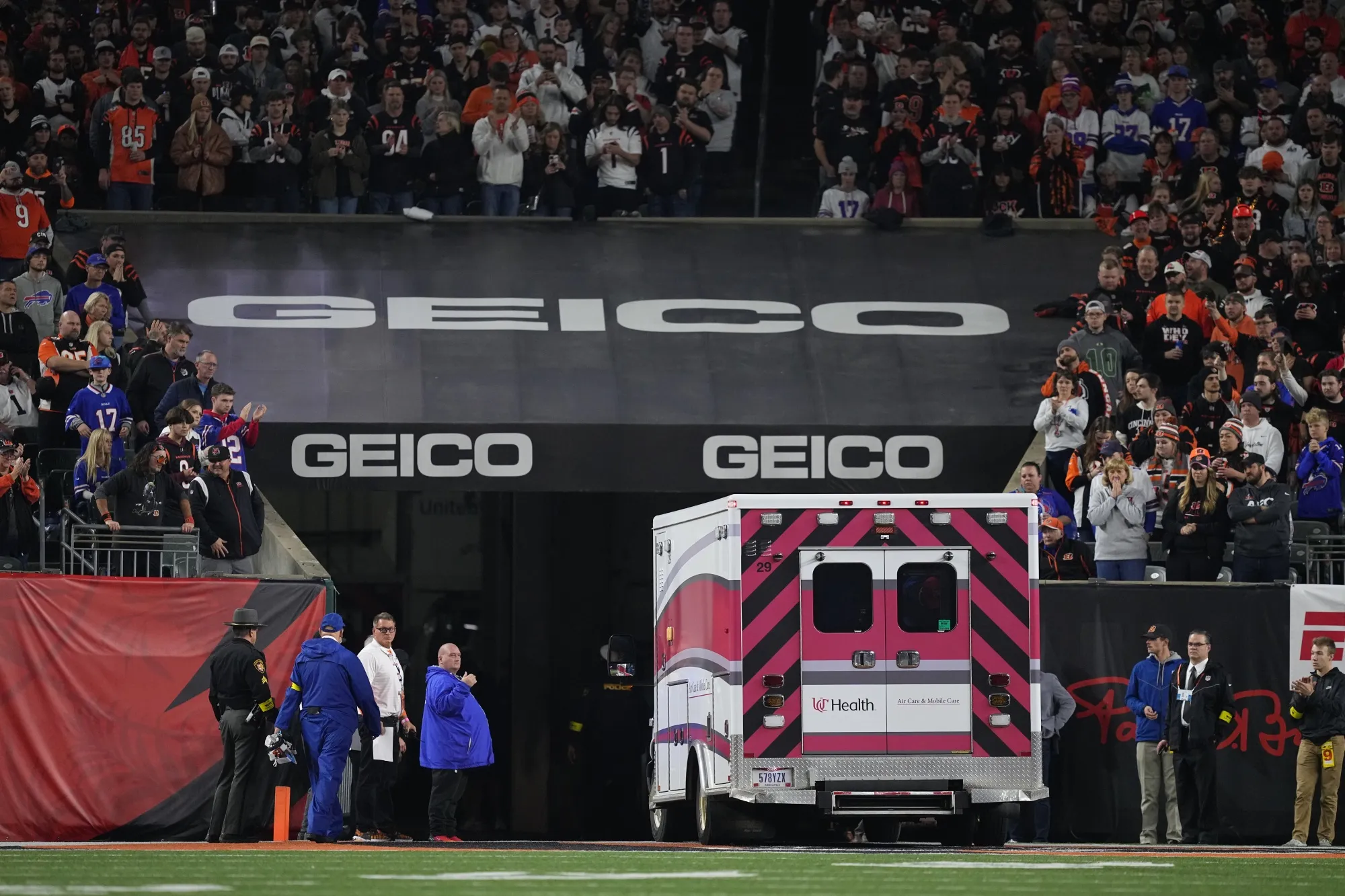 An ambulance carrying Damar Hamlin leaves Paycor Stadium on Jan. 2.