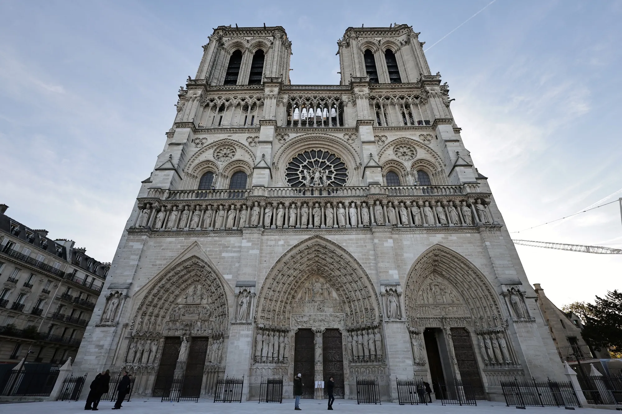 The facade of Notre-Dame de Paris cathedral in Paris.