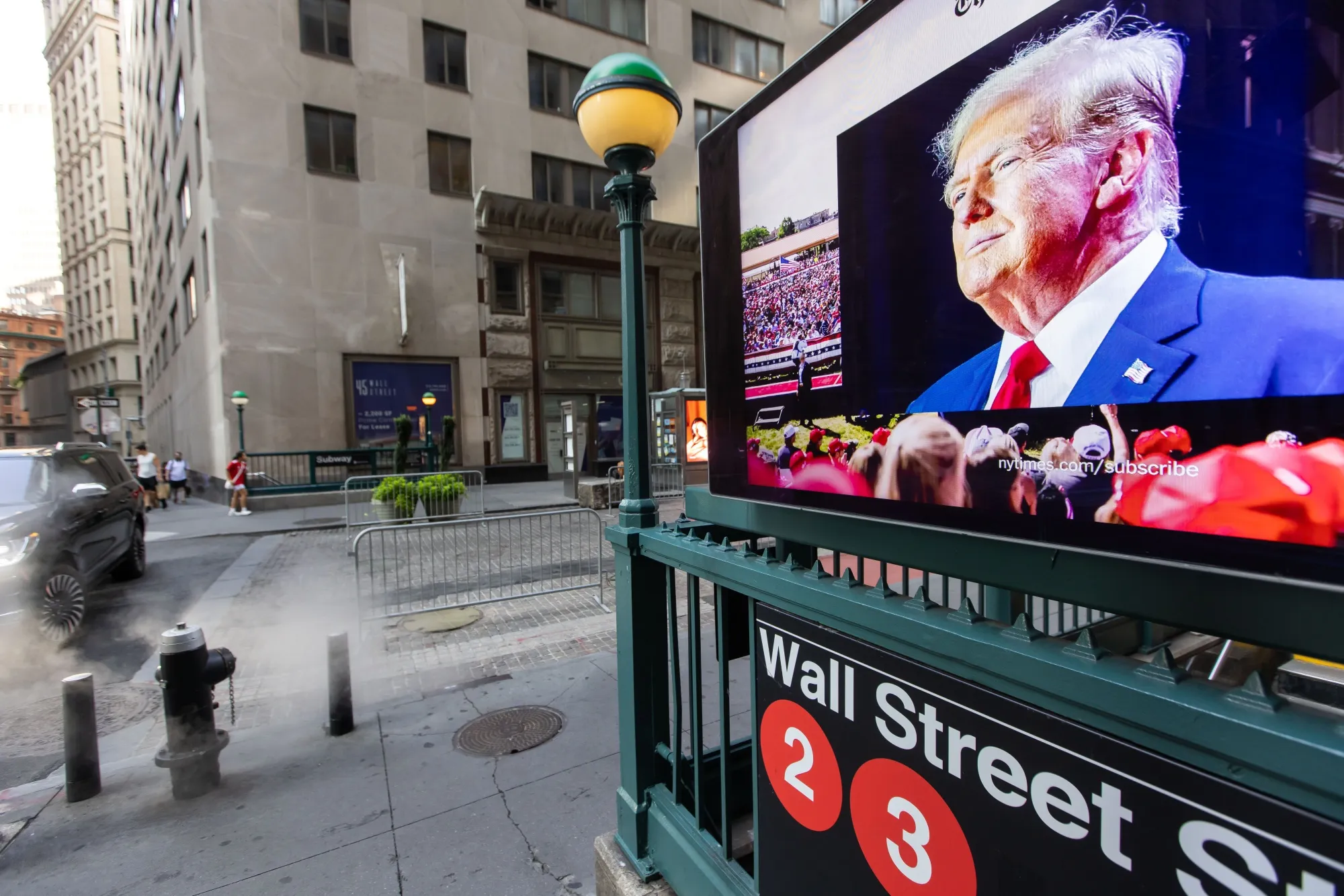 An image of Donald Trump at a Wall Street subway station near the New York Stock Exchange.&nbsp;
