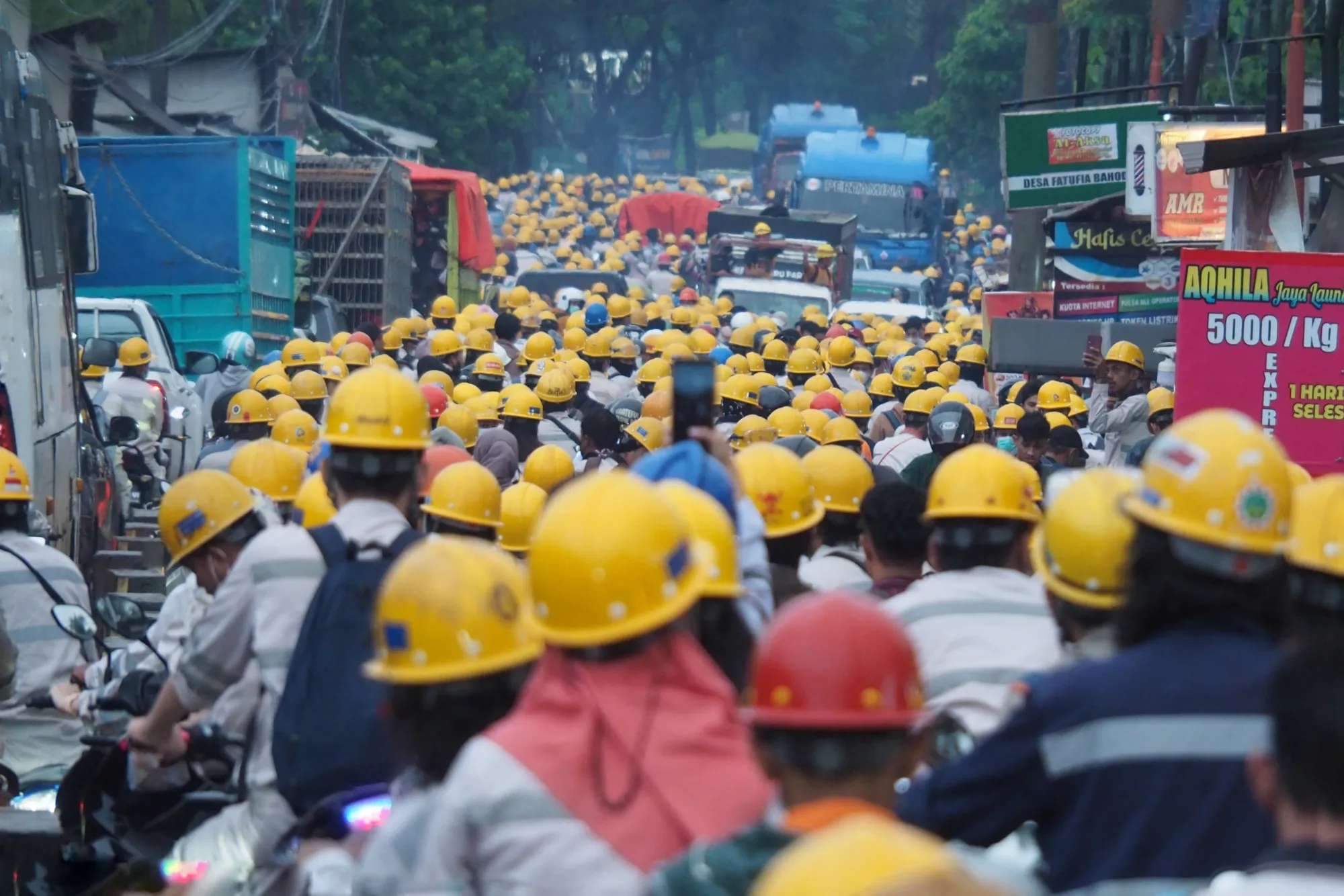 Employees at&nbsp;the Indonesia Morowali Industrial Park leaving work in April.