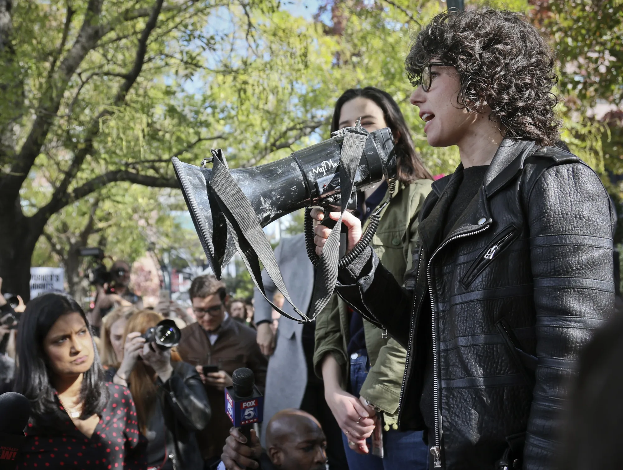 Meredith Whittaker addresses Google colleagues at a 2018 rally in New York
