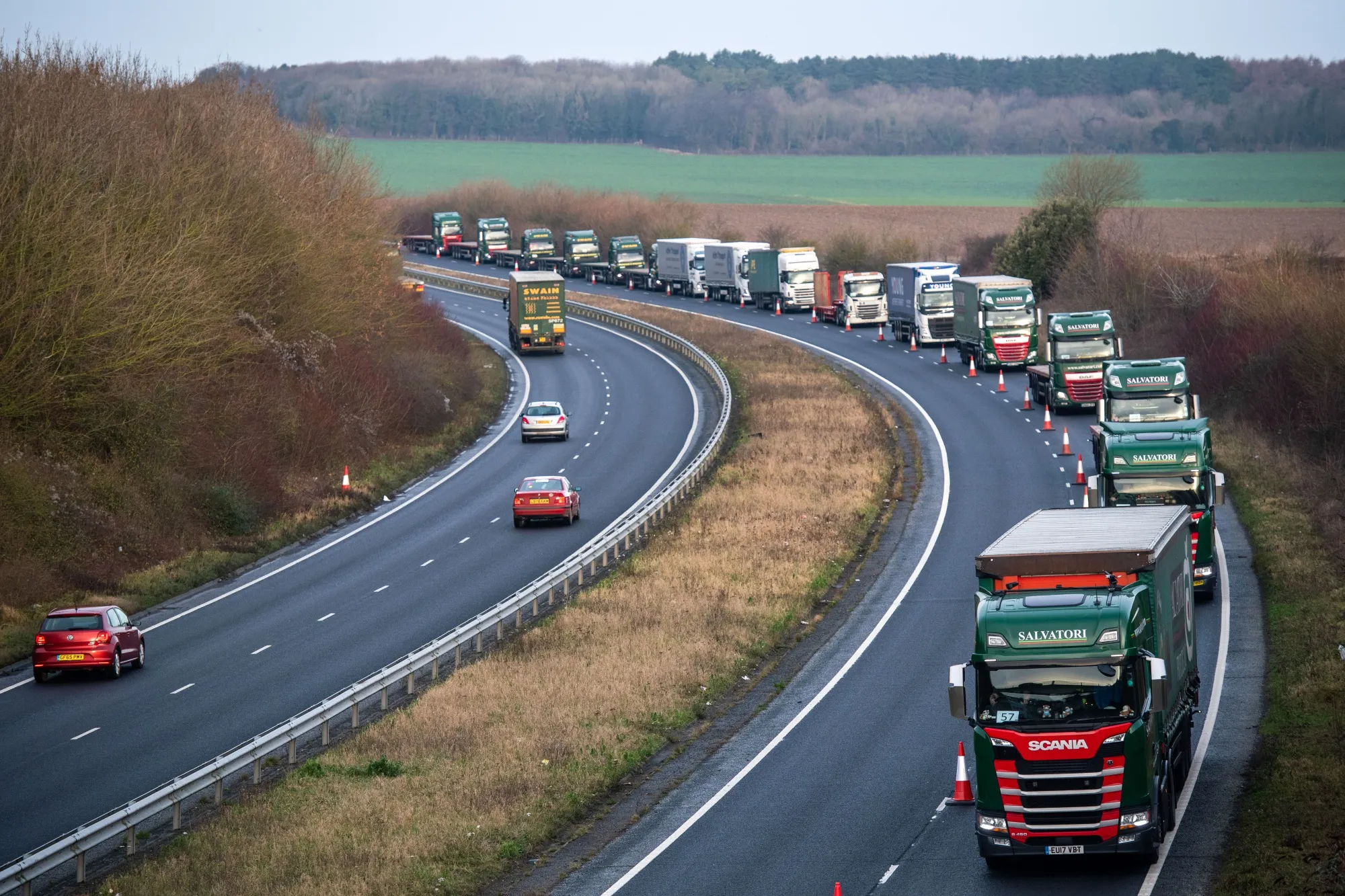 Trucks sit stacked on a highway en-route to Dover in 2019.