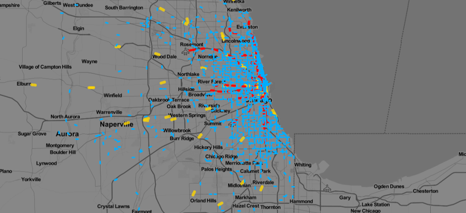 Transit vehicles making their way through greater Chicago at 6:40 p.m. on Wednesday, August 21