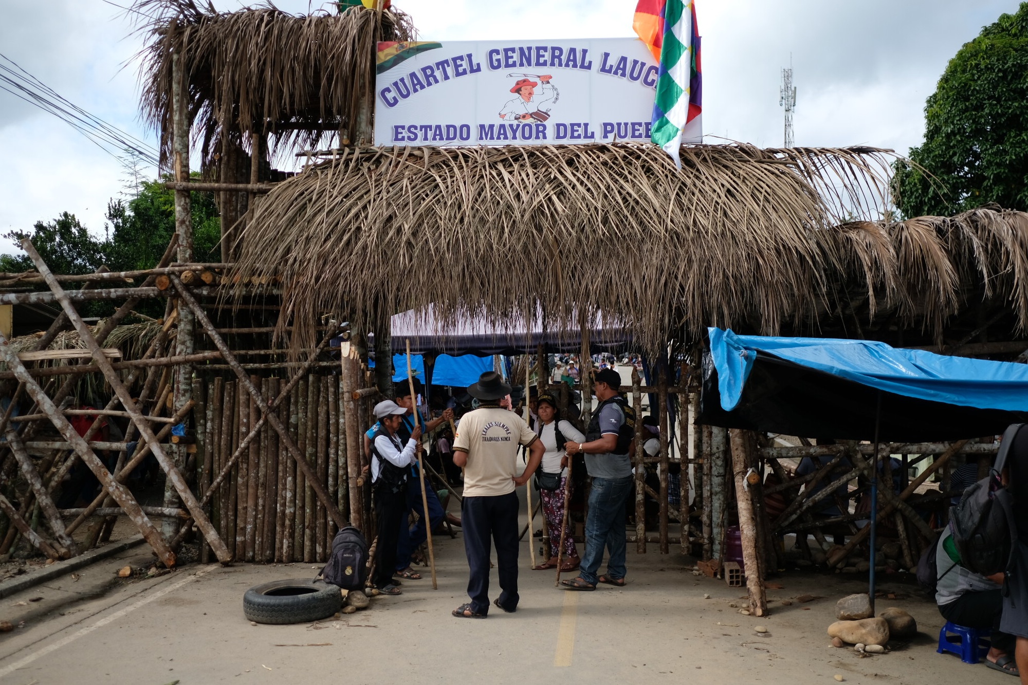 A security checkpoint at the encampment protecting Bolivia’s former president Evo Morales, in Lauca Ñ, Cochabamba department, Bolivia, in 2025.