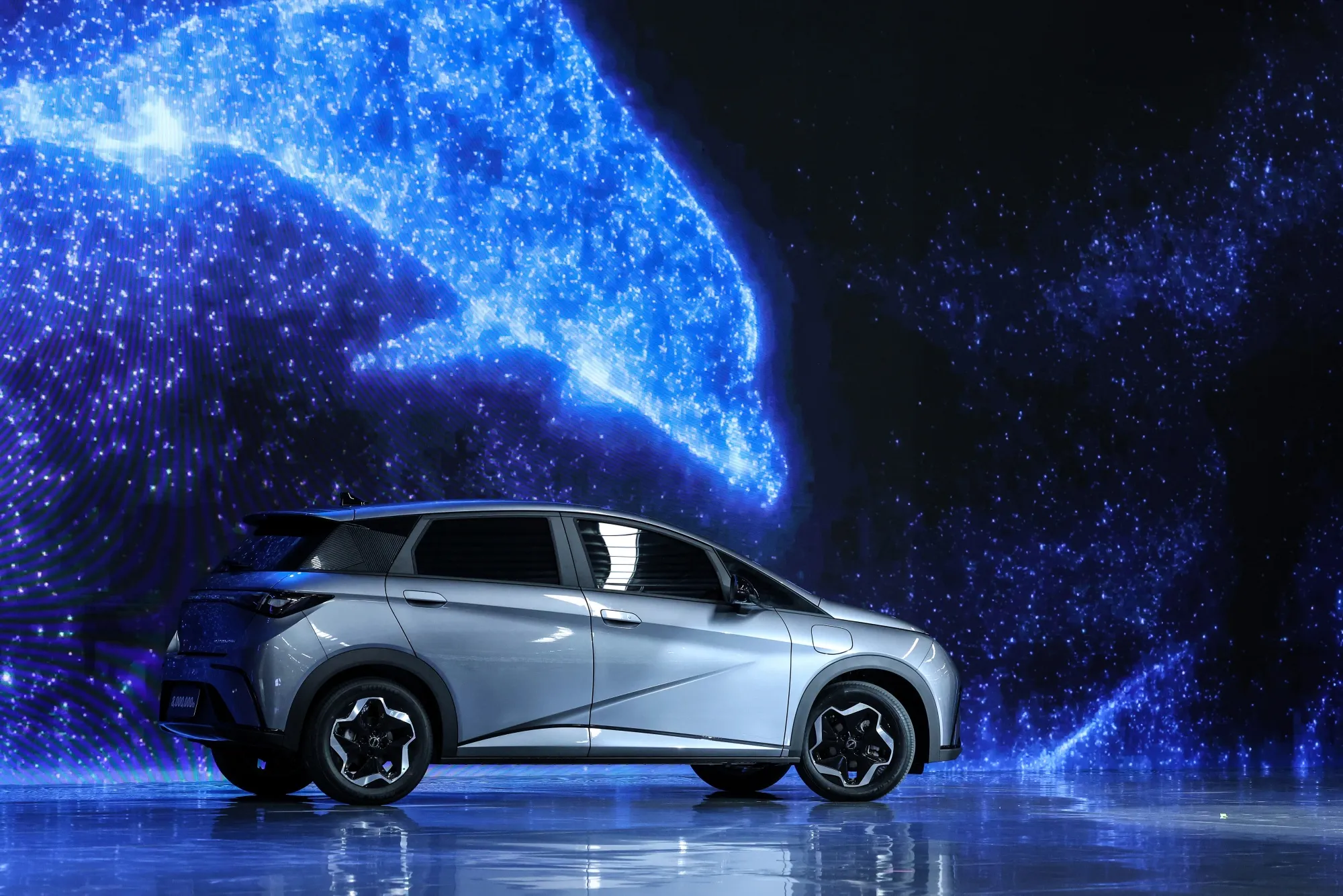 A BYD Dolphin compact hatchback&nbsp;displayed during the launch of the company’s new plant in Nikhom Phatthana.
