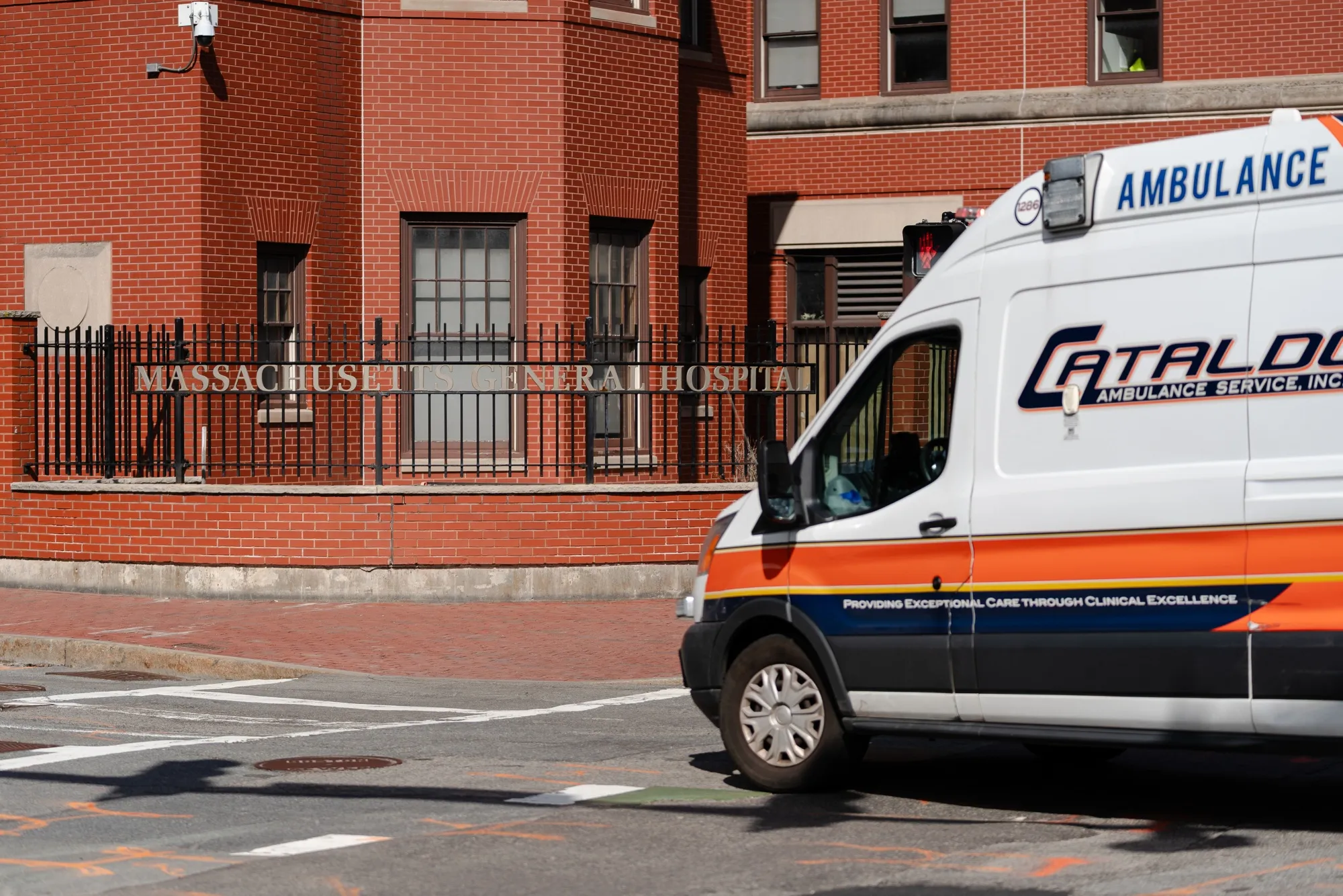 An ambulance enters Massachusetts General Hospital in Boston, Massachusetts, US.