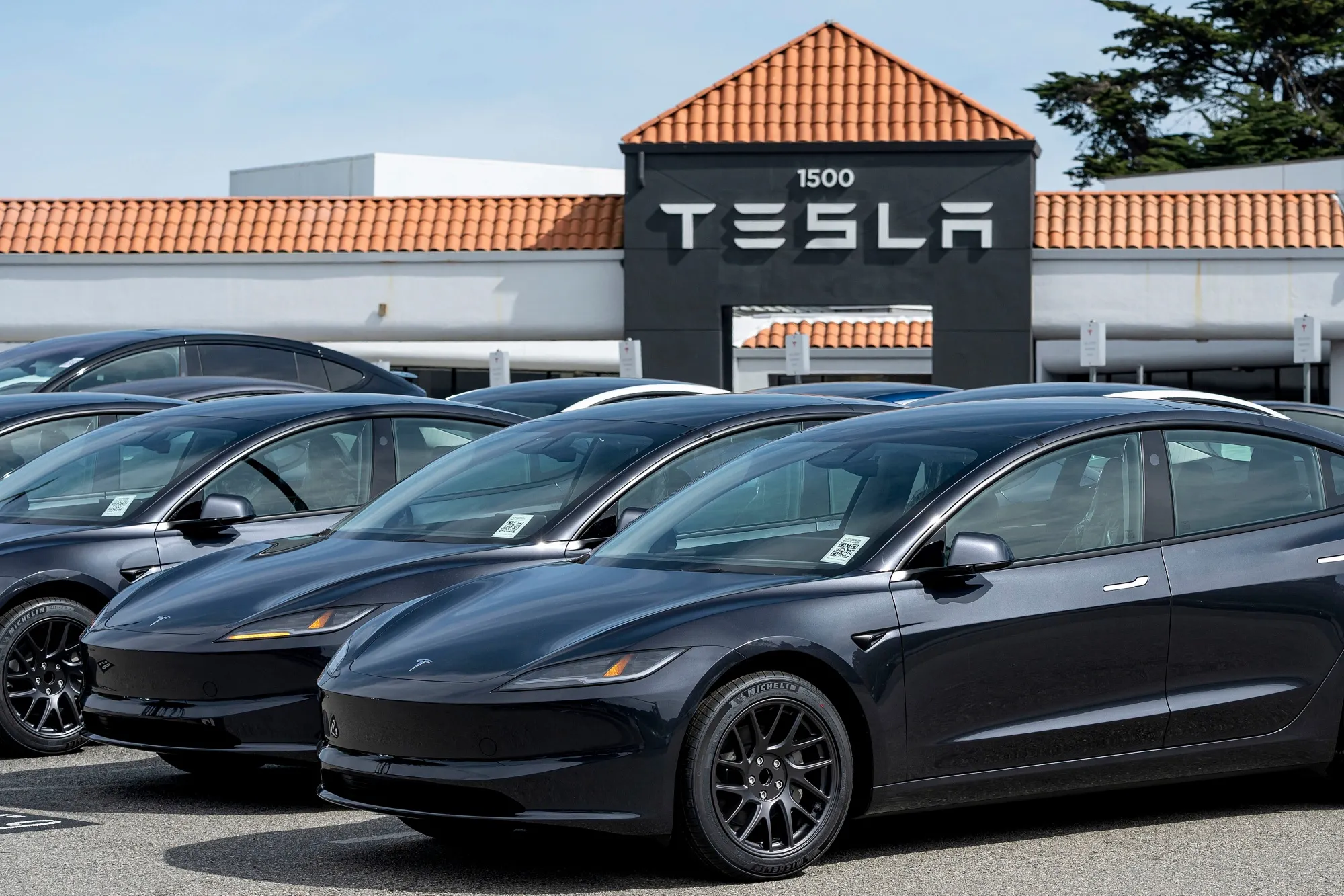 Tesla vehicles at the company's store in Colma, California.