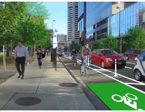 An artist's rendering of the new crowdfunded bike lane expected to open in Denver this year.