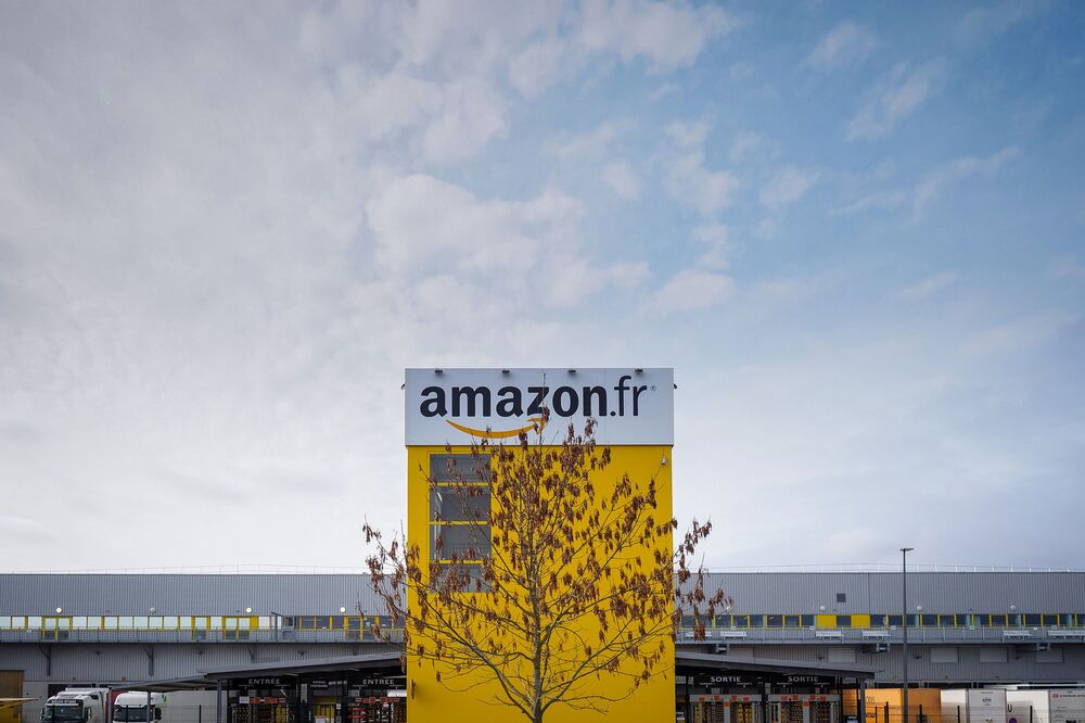 The logo of US online retail giant Amazon is displayed on the distribution center.