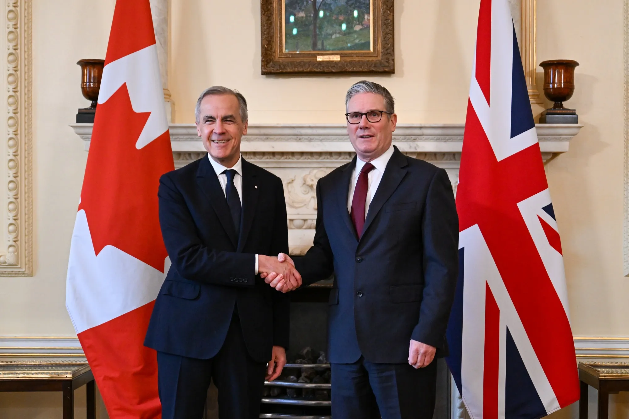 Mark Carney, Canada's prime minister, left, and Keir Starmer, UK prime minster, during a meeting at Downing Street in London, UK, on Monday, March 16, 2026. Carney and Starmer discussed the Middle East Conflict and Lebanon crisis in a call ahead of their meeting.