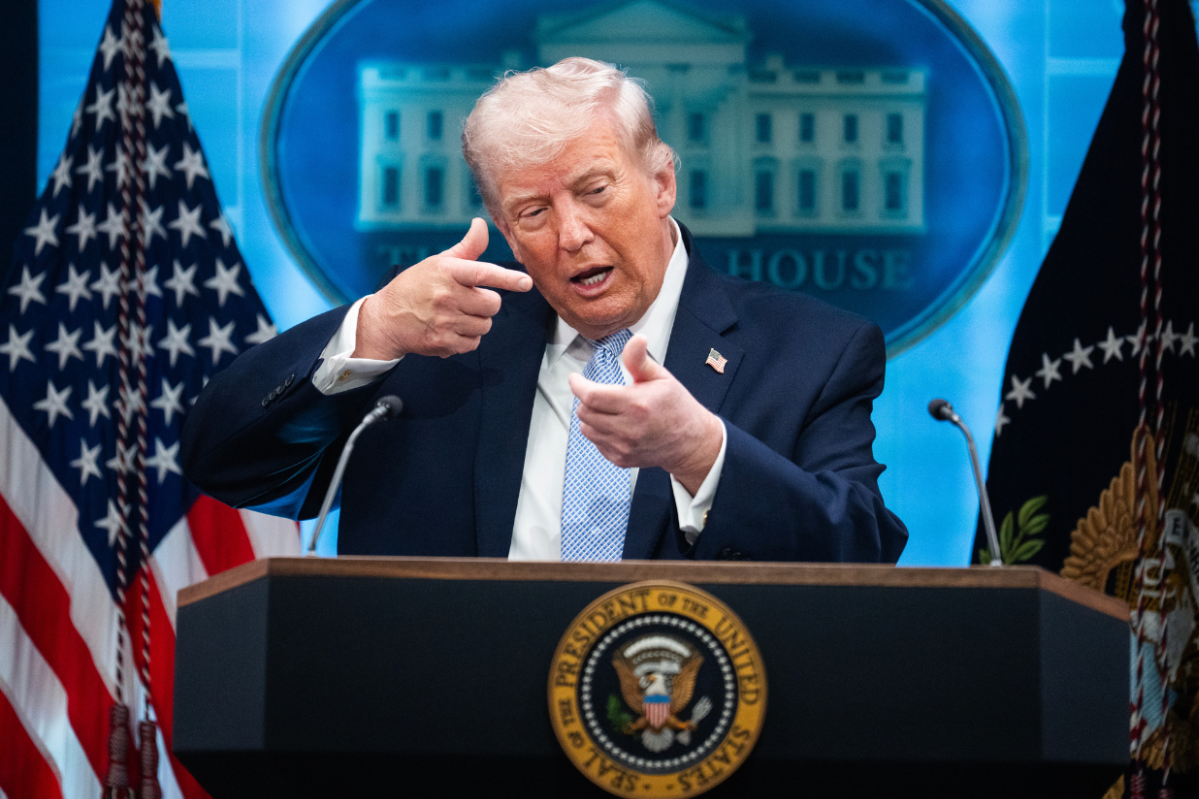 UNITED STATES - APRIL 6: President Donald Trump mimics firing a gun during a news conference in the White House briefing room about the war in Iran on Monday, April 6, 2026. (Tom Williams/CQ-Roll Call, Inc via Getty Images) Tom Williams/CQ-Roll Call, Inc via Getty Images/Getty Images