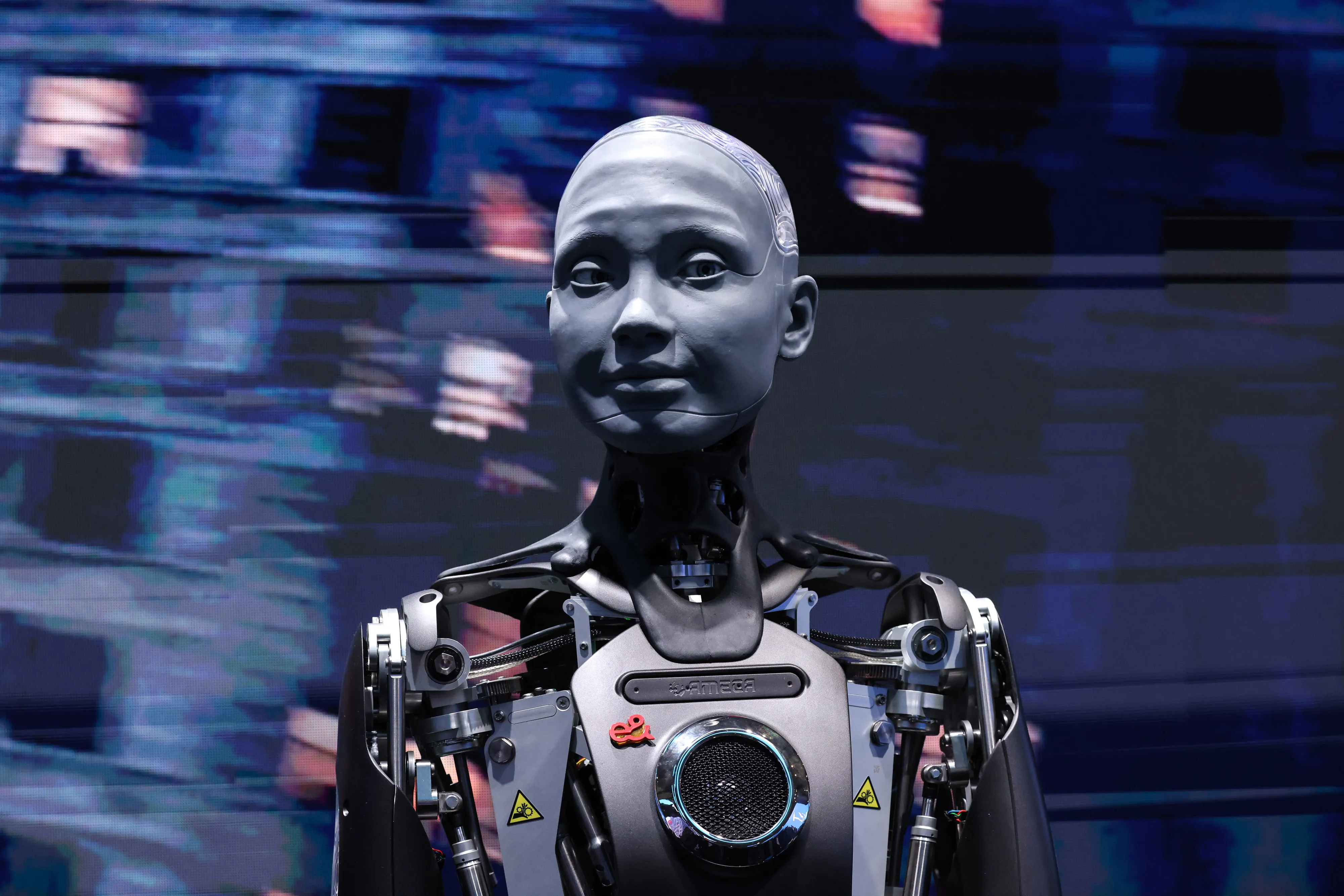 An artificial intelligence powered Ameca robot at the Mobile World Congress in Feb.&nbsp;2024.&nbsp;