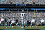 Cam Newton #1 of the Carolina Panthers makes a call at the line against the New York Giants during their game at Bank of America Stadium on October 7, 2018 in Charlotte, North Carolina.
