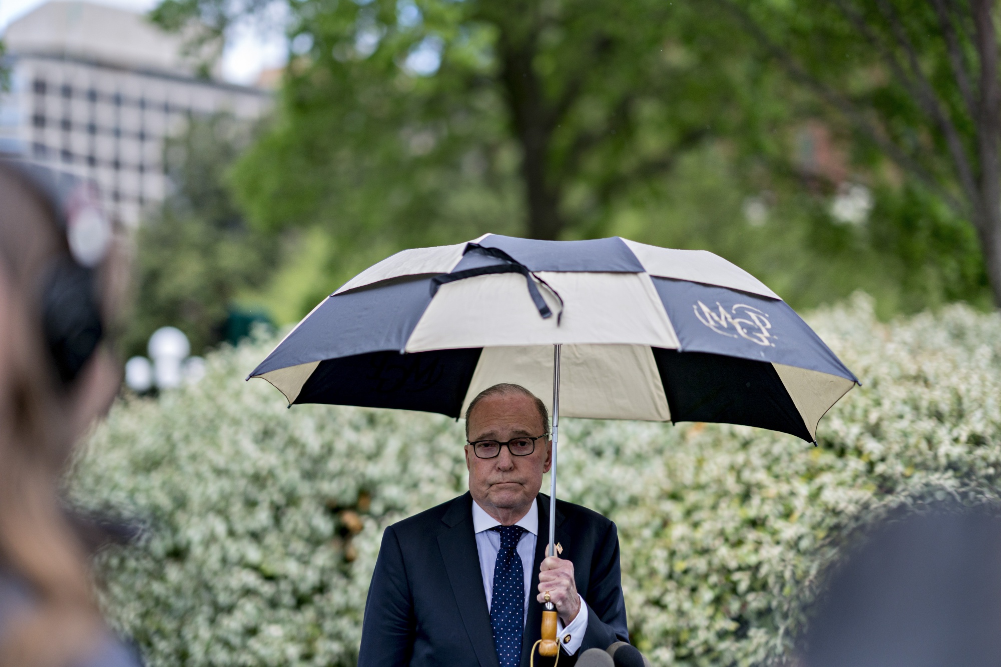 Larry Kudlow pauses while speaking to members of the media outside the White House in Washington, D.C. on April 15, 2019.