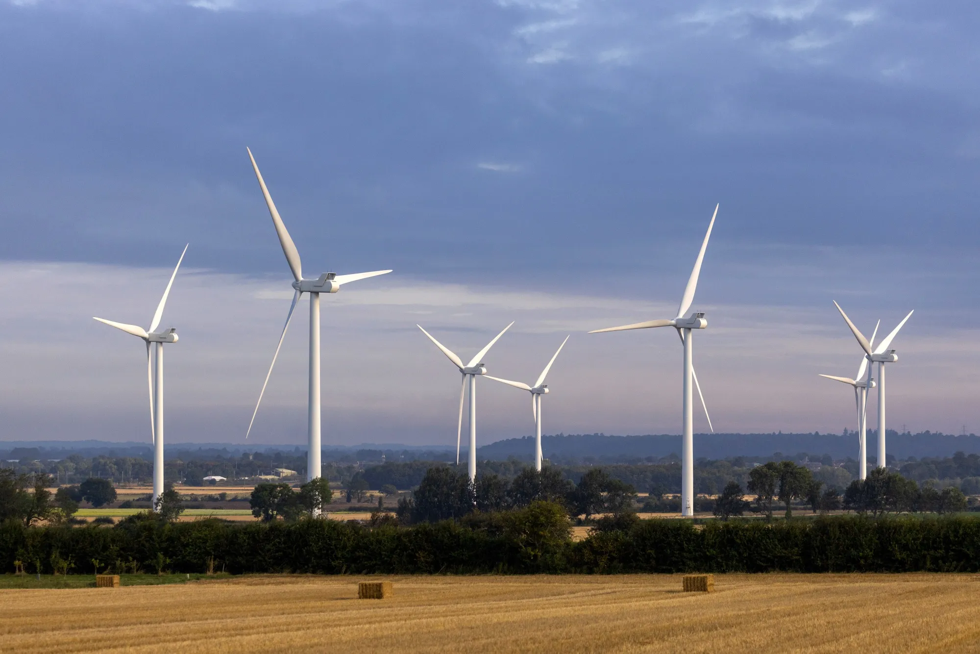 Wind turbines at Biggleswade wind farm in Biggleswade, UK.