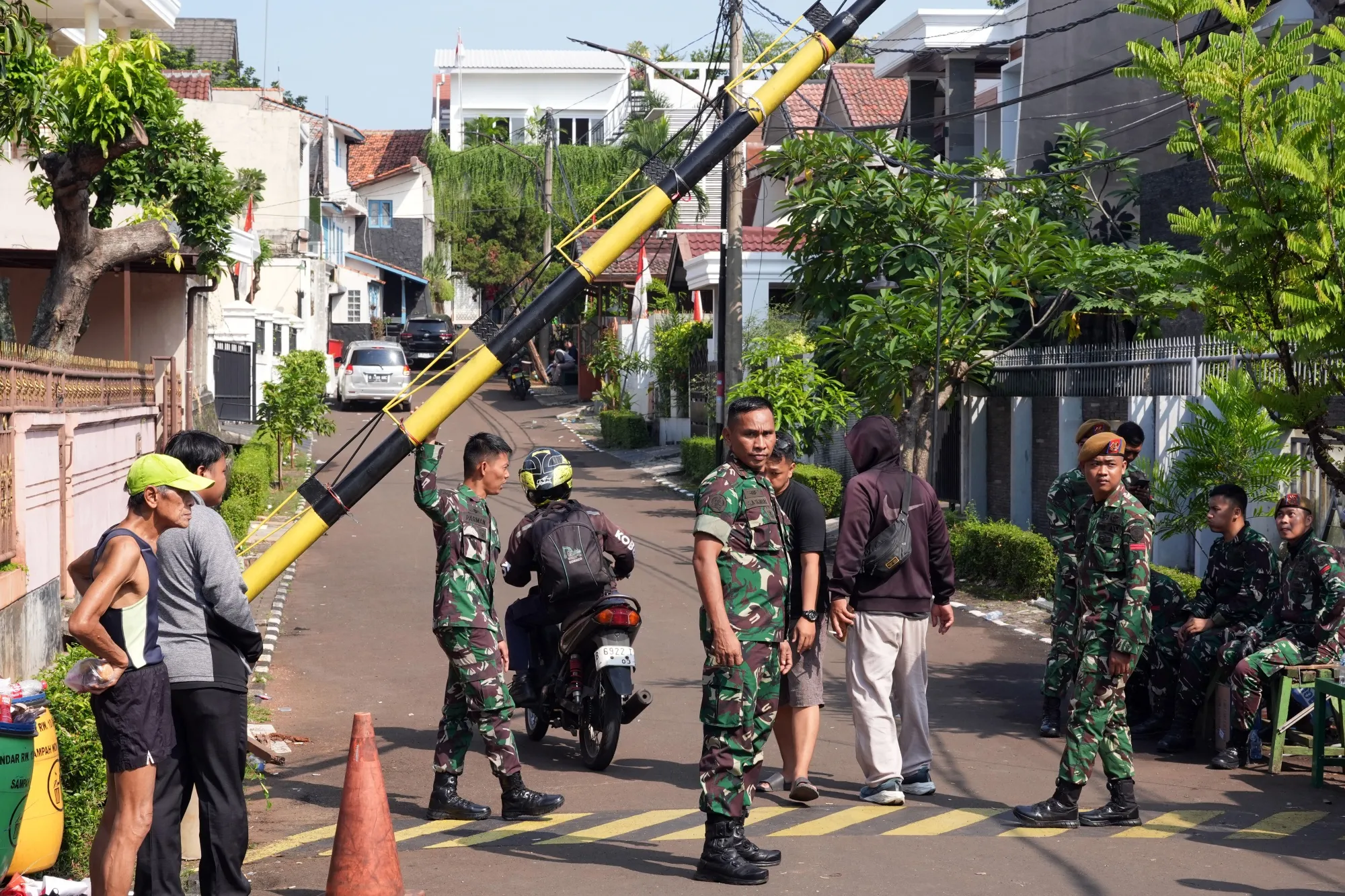 Indonesia Army stand guard outside the resident of Finance Minister Sri Mulyani Indrawati in Jakarta on Aug. 31.