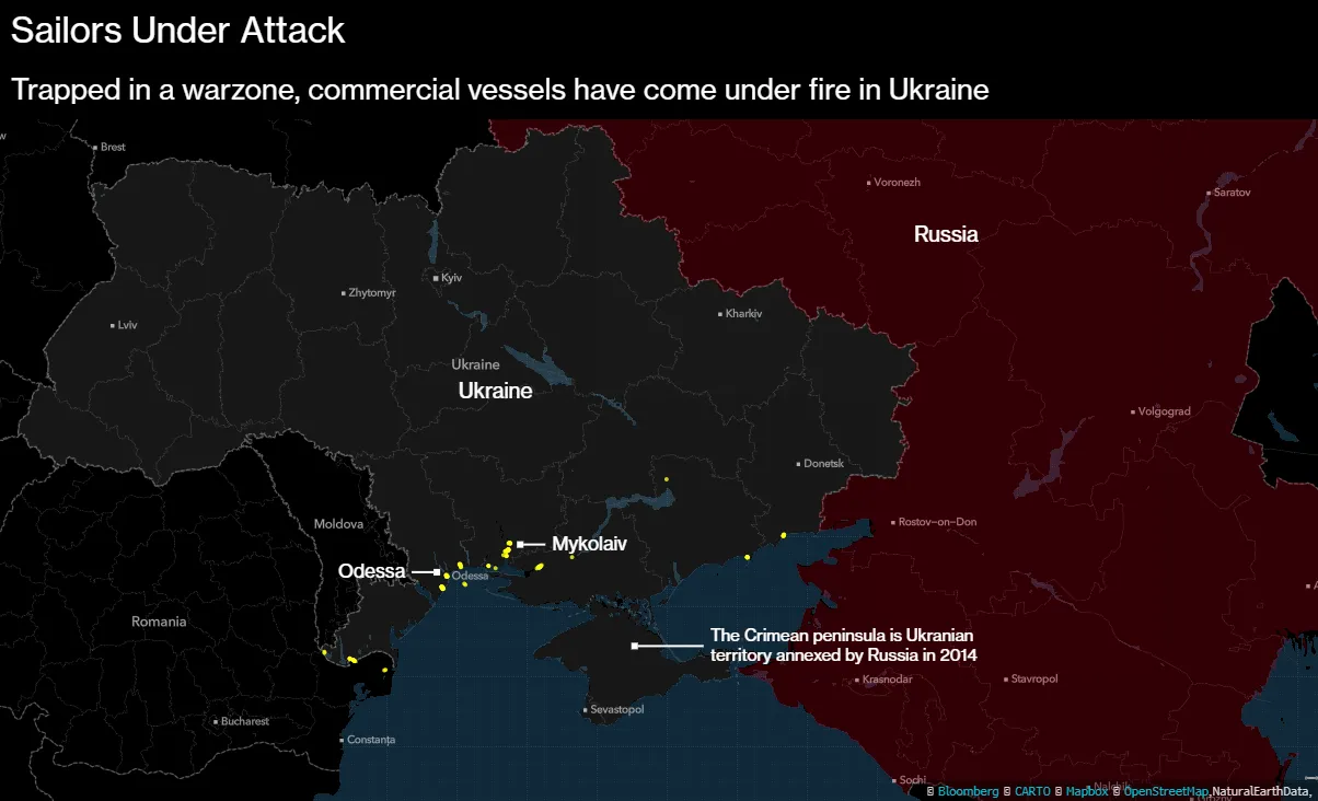Last known positions of commercial vessels trapped in Ukraine after Feb. 24. (yellow dots). Excludes Crimea