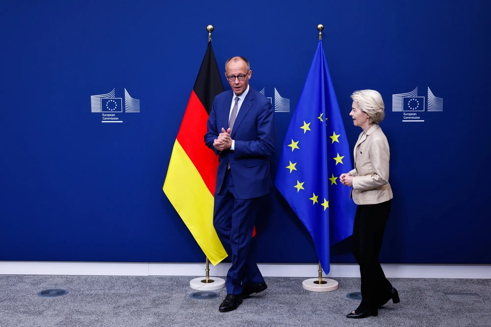Friedrich Merz arrives for a meeting with Ursula von der Leyen in Brussels, on May 9.