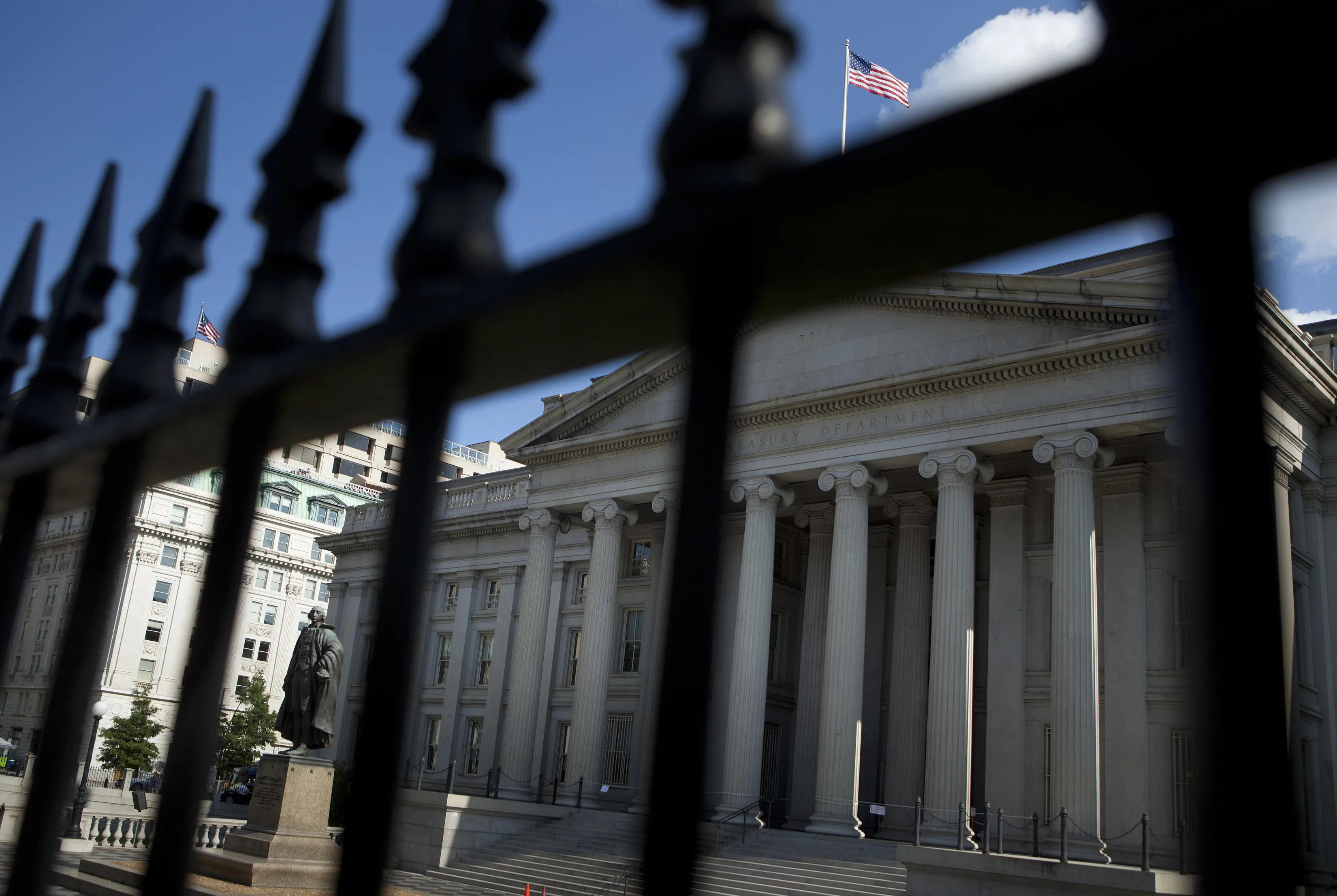 A statue of Albert Gallatin, a long-serving U.S. secretary of the Treasury, stands in front of the U.S. Treasury building in Washington, D.C.