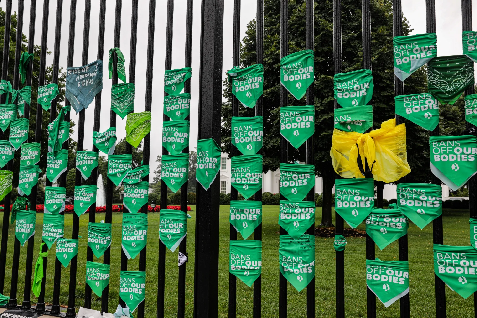 Abortion rights bandannas on a fence outside the White House during a Women's March rally in Washington, D.C., US, on Saturday, July 9, 2022.