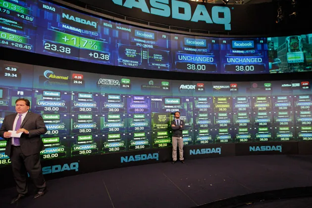 Facebook shares displayed on the NASDAQ market site screen, in New York's Times Square, May 18, 2012.
