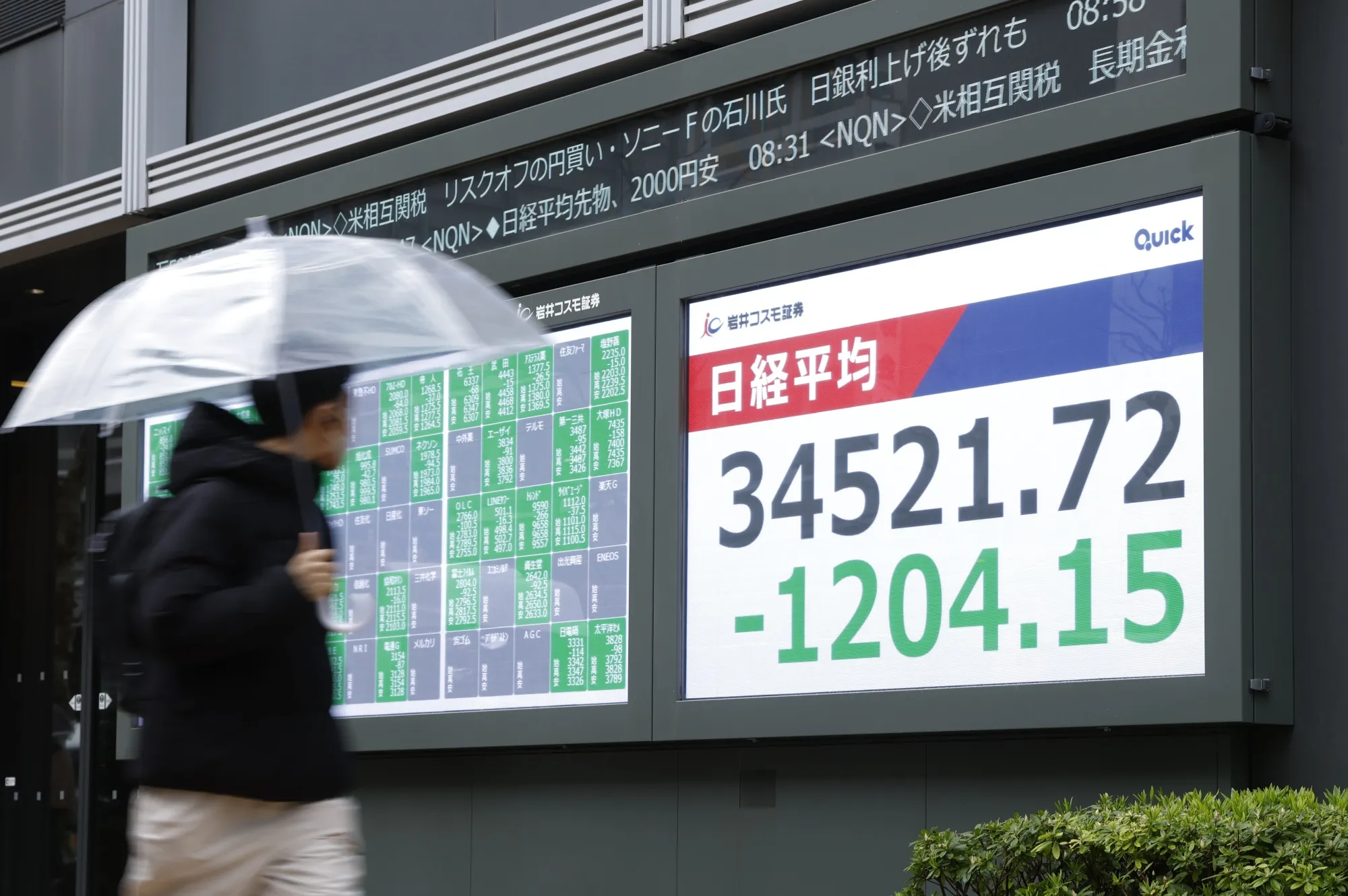 An electronic stock board displays the Nikkei 225 Stock Average outside a securities firm in Tokyo on April 3.