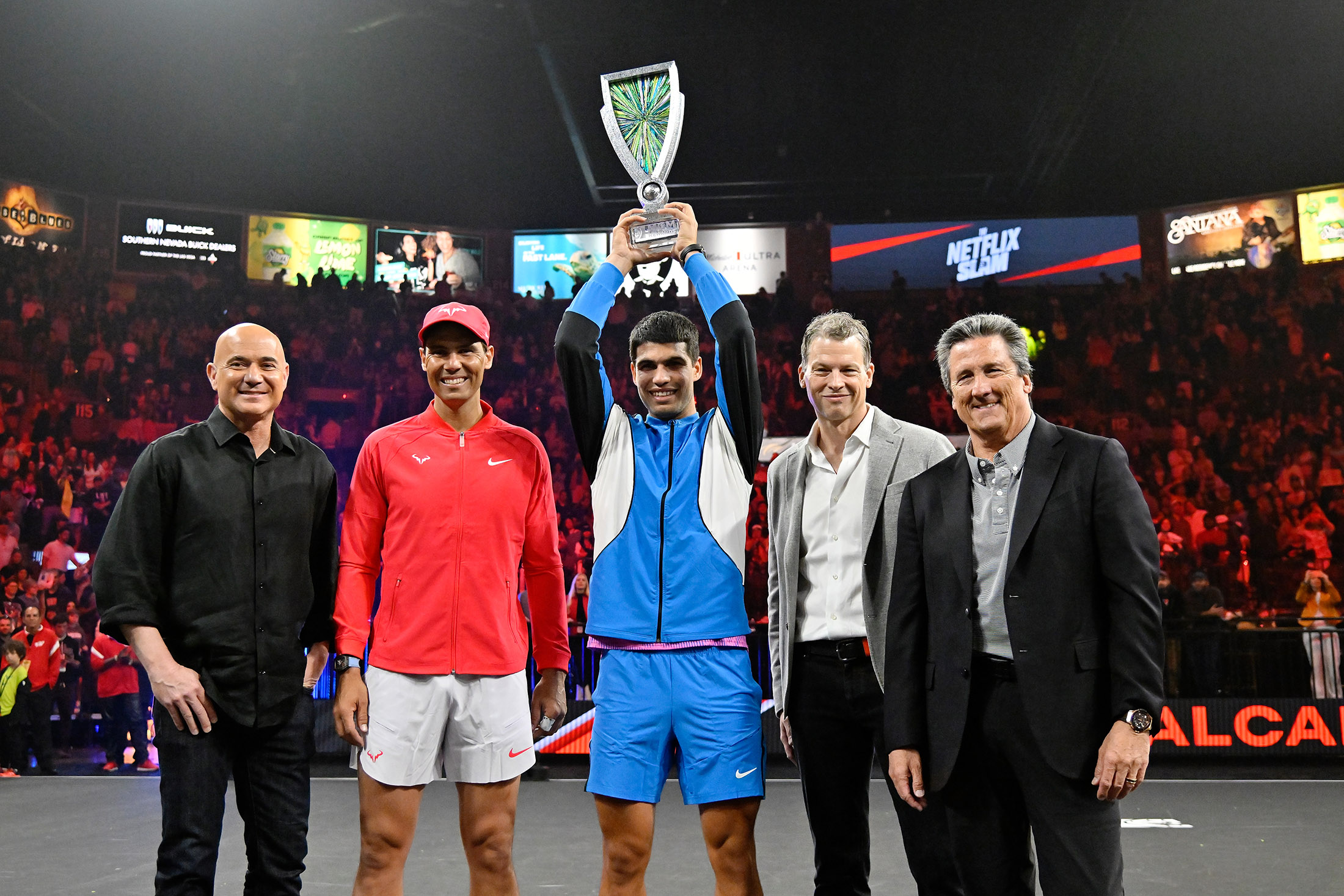 Andre Agassi, Rafael Nadal, Carlos Alcaraz, Peters and MGM Resorts International CEO William Hornbuckle at the Netflix Slam.