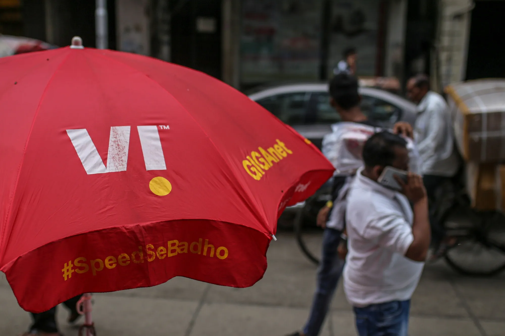 The Vodafone Idea logo on an umbrella in Mumbai.