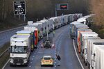 Lorries remain queued on the M20 motorway leading to the Port of Dover on Dec. 24.&nbsp;