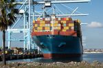 A cargo ship docked at the Port of Los Angeles, California.