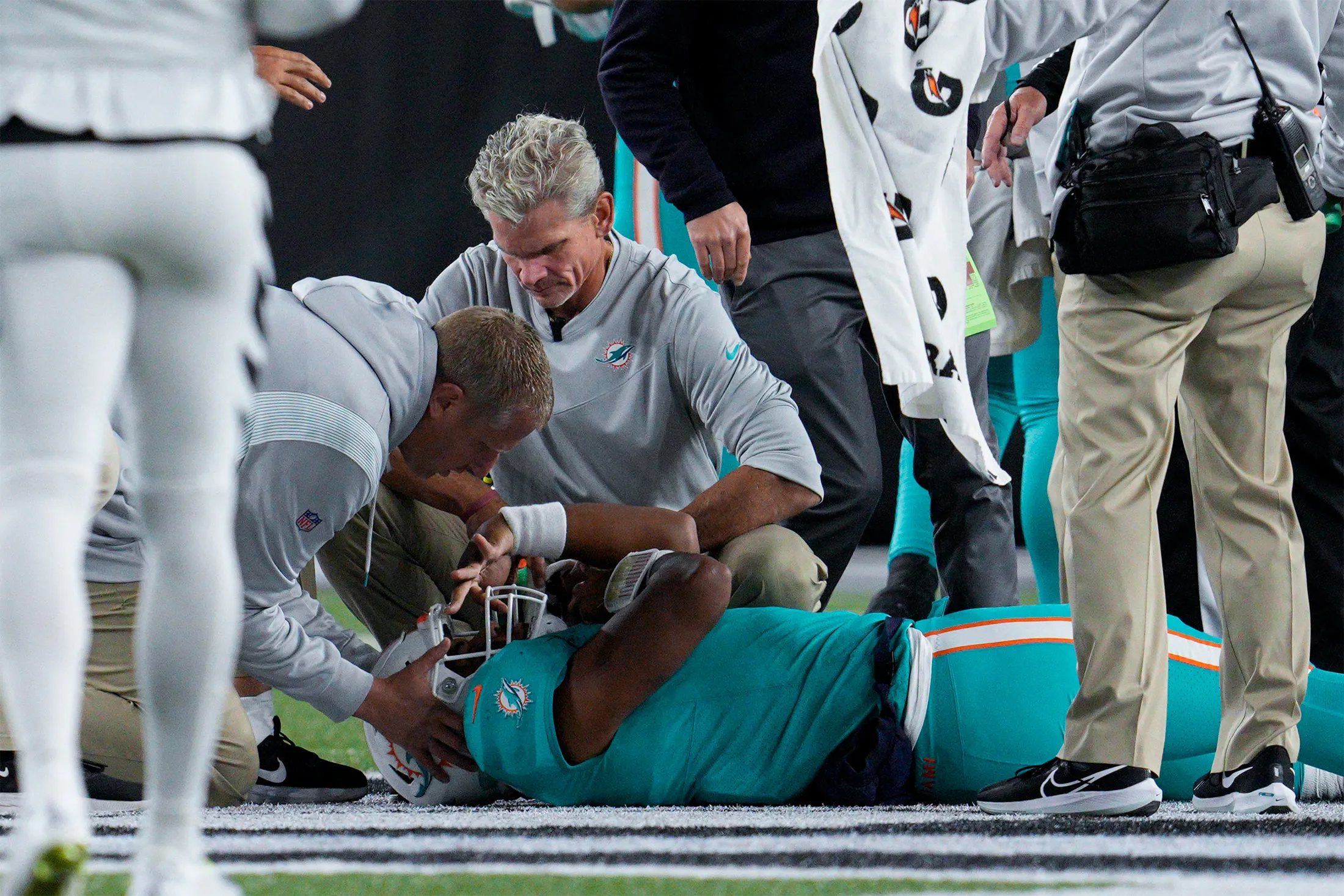 Medical staff attend to Tua Tagovailoa in Cincinnati, on Sept. 30.