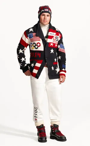 American hockey player Zach Parise wearing the official uniform made by Ralph Lauren for Team USA to be worn at the opening ceremony for the 2014 Winter Olympic games in Sochi