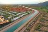 Aqueduct in Scottsdale, Arizona, during the summer 2021. It is fed by the Colorado River. Water flows through the pipeline, visible from the aerial view.